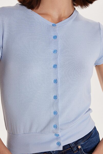 Tudors Kadın Slim Fit Dar Kesim Kısa Kollu Bisiklet Yaka Düğmeli Mavi Hırka