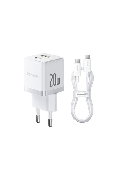 Baseus 2-Port Socket Charger, Type-C Cable Included, 2in1, USB, USB-C, 20W, 5V/3.0A, 1m, Palm 8213, White