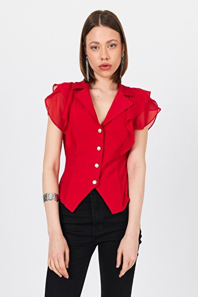 Rays Κόκκινη μπλούζα με βολάν με λεπτομέρεια σιφόν μανίκι 9477