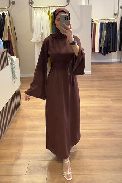 Birgül Bektaş Brown Sleeve Flounce Belted Dress