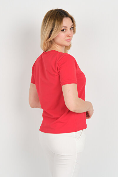 Sistas Women's Print Pattern V-Neck Short Sleeve Cotton Blouse 24100 Red