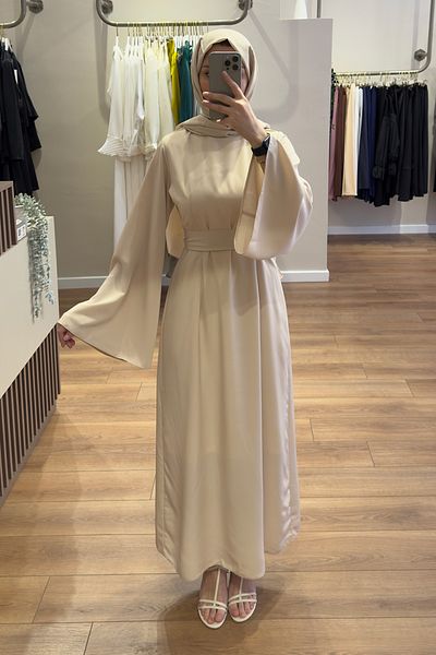 Birgül Bektaş Beige Sleeve Flounce Belted Dress