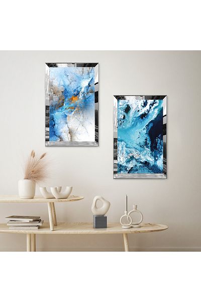 Zevahir Mobilya Dekorasyon SET DE MASA MDF DUBLA MODERN WAVE ALBASTRU CU CADRU DE PLEXY CU OGLINDA SILVER