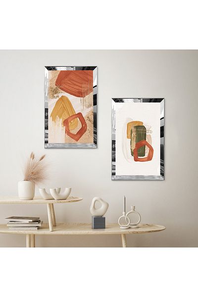 Zevahir Mobilya Dekorasyon SET DE TABLĂ MDF DUALĂ CU FORME ABSTRACTE PORTOCALE CU CADRU DE PLEXY CU Oglindă SILVER FOND ALB