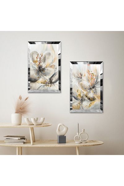 Zevahir Mobilya Dekorasyon FLORI ABSTRACTE ALBE CU CADRU DE PLEXY CU Oglindă SILVER SET DE TABLĂ MODERNĂ DUALĂ MDF