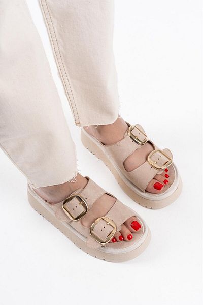 marceline Women's Beige Suede Buckle Women's Orthopedic Sole Platform Slippers Sandals