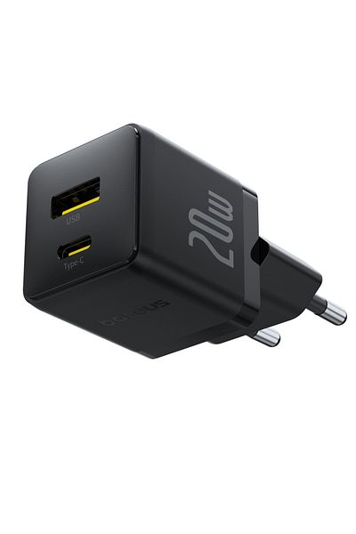 Baseus 2-Port Socket Charger, Type-C Cable Included, 2in1, USB, USB-C, 20W, 5V/3.0A, 1m, Palm 8213, Black
