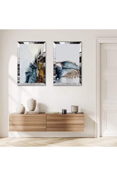 Zevahir Mobilya Dekorasyon Cadrul din plexiglas cu oglindă argintie, tonuri albastre, modele abstracte, set de pictură decorativă dublă din MDF