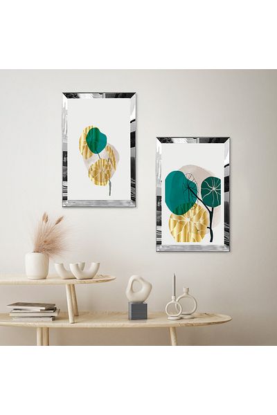 Zevahir Mobilya Dekorasyon SET DE MASA MDF DUBLA PLANT DECORATIVA VERDE CU CADRU DE PLEXY CU OGLINDA SILVER FOND ALB