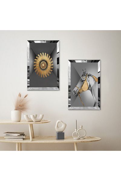 Zevahir Mobilya Dekorasyon SET DE MASA MODERN CALEA DE CAVAL MDF CU CADRU DE PLEXY CU OGLINDA ARGINTIE FOND GRI MODEL AUR