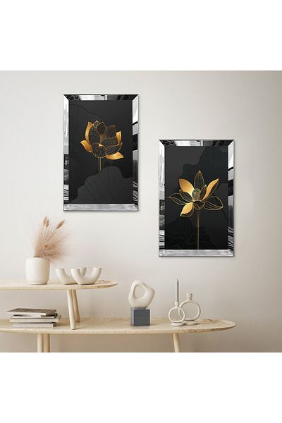 Zevahir Mobilya Dekorasyon SET DE MASA MDF DUBLA FLOARE AURIE CU CADRU DE PLEXY CU OGLINDA ARGINTIE FOND NEGRU MODERN