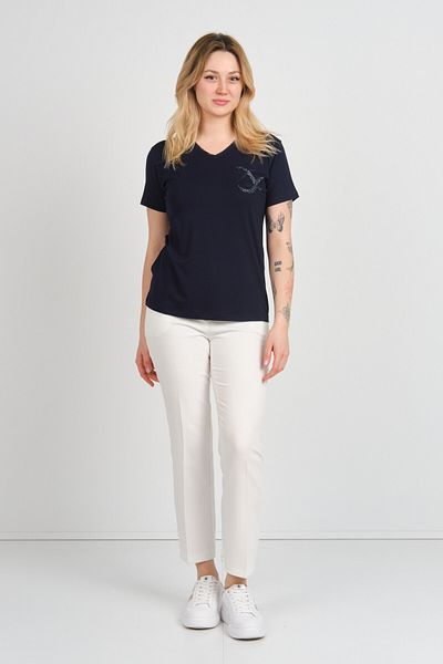 Sistas Women V Neck Beaded Embroidered Short Sleeve Blouse 4142 Navy Blue
