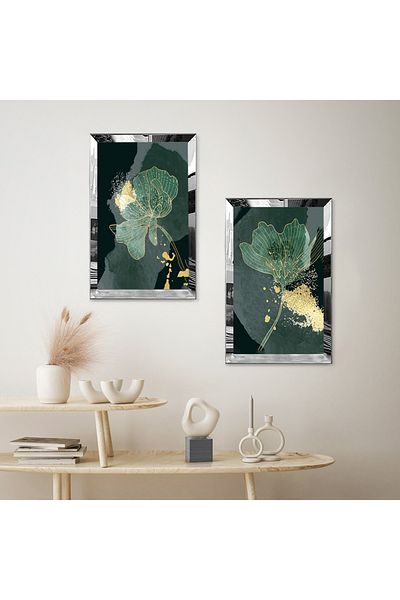 Zevahir Mobilya Dekorasyon SET DE PENTRU TABLĂ MDF DUALĂ DE TRANDAFIR DECORATIV DE ABSTRACT VERDE CU CADRU DE PLEXY CU Oglindă SILVER
