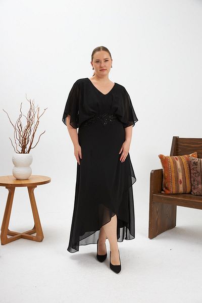 RMG Asymmetrical Cut Belt Detailed Plus Size Evening Dress