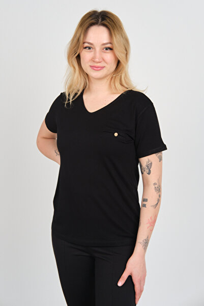 Sistas Women's Short Sleeve Ornamental Pocket Detailed Double Sleeve Blouse 4110 Black