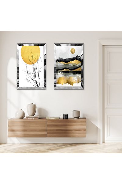 Zevahir Mobilya Dekorasyon COLAZĂ DE DESEN MUNCI DE MONTANĂ CU CADRU DE PLEXY CU OZNĂ DE ARGINT DALI SET DE PICTURI DECORATIV BILATERAL MDF