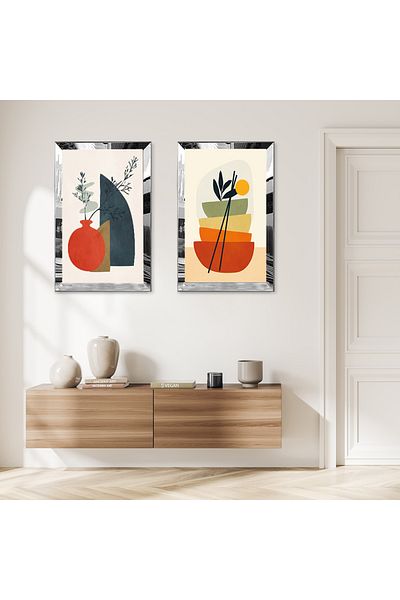 Zevahir Mobilya Dekorasyon DESEN MNIMALIST CU CADRU DE PLEXY CU Oglindă argintie FLORI DECORATIVE SET DE TABLĂ MDF BILATERAL
