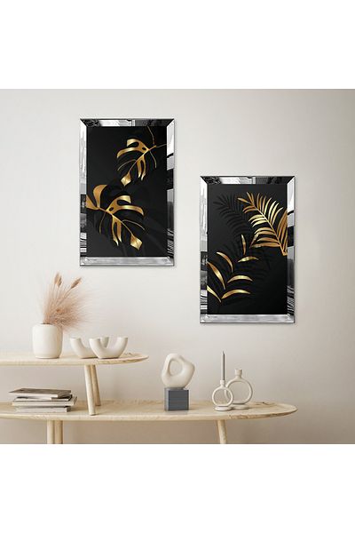 Zevahir Mobilya Dekorasyon SET DE TABLĂ MDF DUALĂ FLOARE DE AUR ABSTRACTĂ CU CADRU DE PLEXY CU OZAR SILVER FOND NEGRU