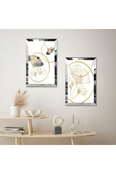 Zevahir Mobilya Dekorasyon SET DE MASA MDF DUBLA CU CADRU DE PLEXY CU OGLINDA ARGINTIE FOND ALB CU LINII DE AUR DECORATIVE