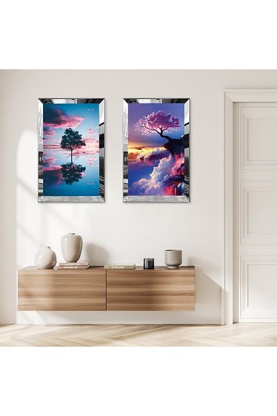 Zevahir Mobilya Dekorasyon SET DE TABLĂ MDF DUALĂ PE SEA MODERN TREE LANDSCAPE CU CADRU DE PLEXY CU OZNĂ DE ARGINT