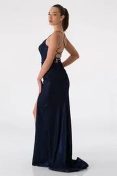 Bluewhite Rochie de seara cu bretele subtiri cu fanta lunga - Leruu
