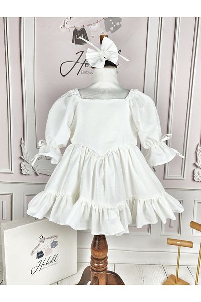 Hobidik Ecru Cream Ruffle Back Bow Linen Birthday Party Dress