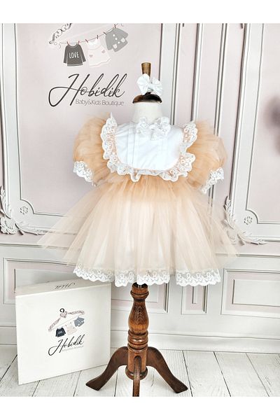 Hobidik Baby Girl Kids White Lace Embellished Salmon Tulle Puffy Birthday Dress