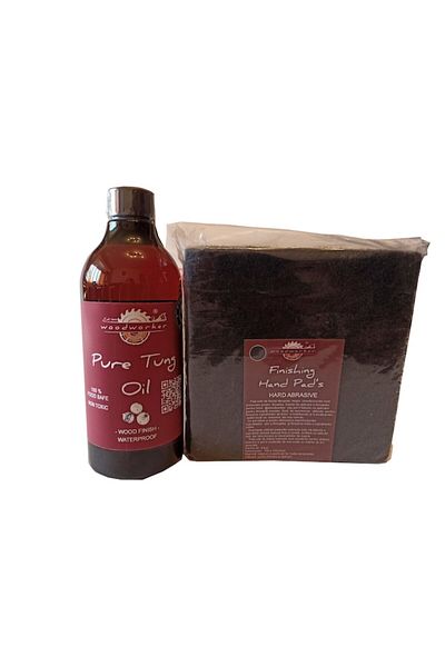 woodworker Kit intretinere mobilier lemn, Prep’N Shine-Pure Tung Oil & Hand Pad’s Hard Abrasive negru, 500 ml