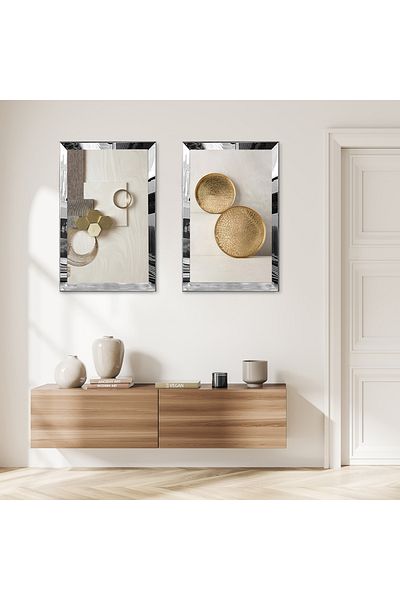 Zevahir Mobilya Dekorasyon SET DE MASA DECORATIVĂ DUBĂ MDF CU CADRU DE PLEXY CU OGLINDĂ DE ARGINT CULOARE CREAM FORME ABSTRACTE