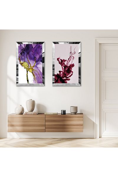 Zevahir Mobilya Dekorasyon SET DE MASA DECORATIVĂ DUBĂ MDF ROȘU VIOLET CU CADRU DE PLEXY CU OGLINDĂ DE ARGINT