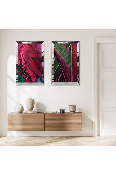 Zevahir Mobilya Dekorasyon SET DE MASA MDF DUBLA CU CADRU DE PLEXY CU OGLINDA SILVER FRUNZE VERDE ROSE