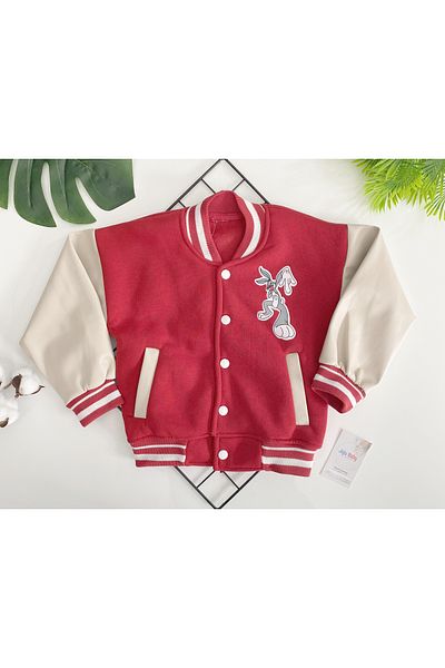 Jaju Baby Unisex Kids Red Bugs Bunny Figured Sleeves Leather College Jacket