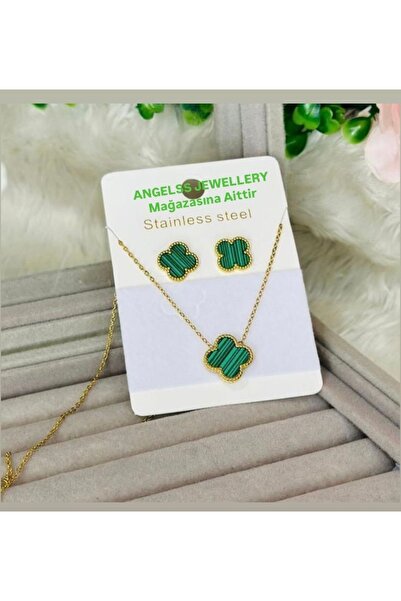 ANGELSS JEWELLERY İkili Kombin Yeşil Yonca Model Kolye Küpe Seti (Yonca Model...