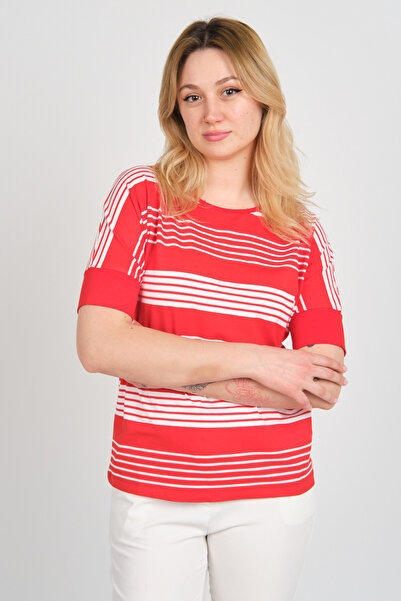 Sistas Women's Sleeve Tips Lycra Striped Short Sleeve Blouse 24201 Red