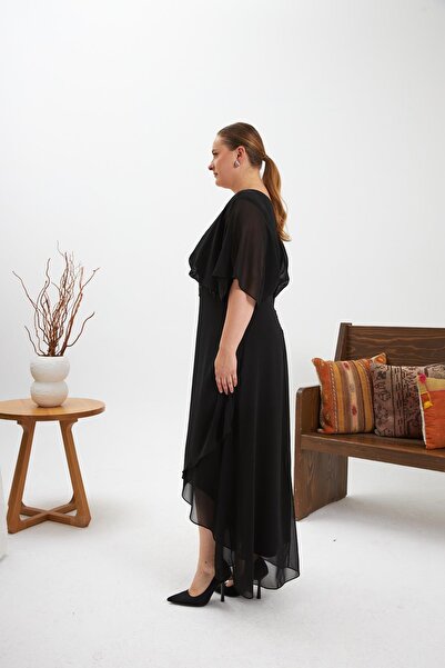 RMG Asymmetrical Cut Belt Detailed Plus Size Evening Dress