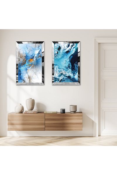 Zevahir Mobilya Dekorasyon SET DE MASA MDF DUBLA MODERN WAVE ALBASTRU CU CADRU DE PLEXY CU OGLINDA SILVER