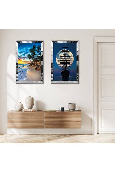 Zevahir Mobilya Dekorasyon SET DE TABLĂ MDF DUALĂ MODERNĂ DE VARĂ CU VISTA PE MAREA CU CADRU DE PLEXY CU OGLINDĂ DE ARGINT