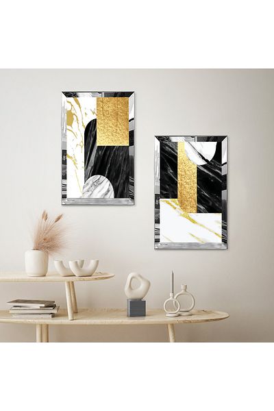 Zevahir Mobilya Dekorasyon SET DE MASA MDF DUBLA CU CADRU DE PLEXY CU OGLINDA ARGINTIE MODELE DECORATIVE AURII SI NEGRE