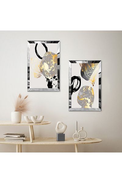 Zevahir Mobilya Dekorasyon Cadrul din plexiglas cu oglindă argintie Forme aurii și gri Forme abstracte moderne Set de pictură dublă MDF