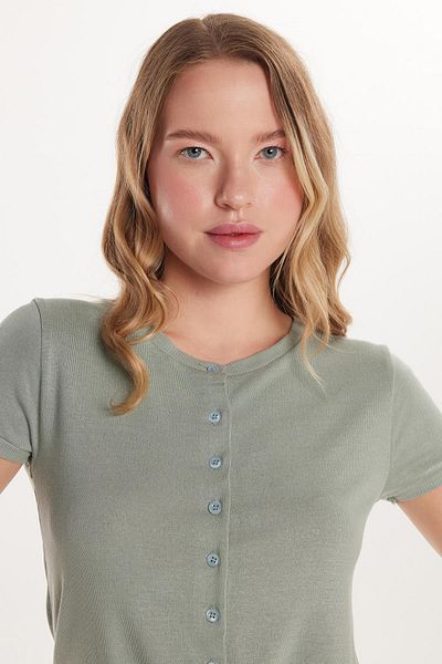 Tudors Women's Slim Fit Slim Fit Short Sleeve Crew Neck Buttoned Mint Cardigan