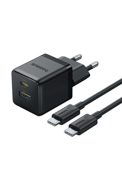Baseus Charger Socket with 2 ports, Type-C Cable, Fast Charge, 2in1, USB, USB-C, 30W, 20V/3A, Palm, Black