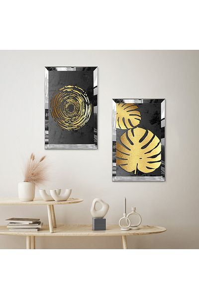 Zevahir Mobilya Dekorasyon SET DE MASA MDF DUBLA CU CADRU DE PLEXY CU Oglinda SILVER FLORE AURII CU FOND NEGRU