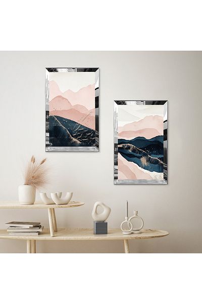 Zevahir Mobilya Dekorasyon SET DE MASA DECORATIVĂ MOUNTAIN MAZARĂ DUALĂ MDF CU CADRU DE PLEXY CU OZNĂ DE ARGINTĂ FOND ALB