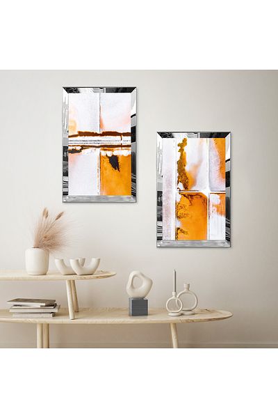 Zevahir Mobilya Dekorasyon SET DE MASA MDF DUBLA CU CADRU DE PLEXY CU OGLINDA SILVER FOND ALB MODELE MODERNE ORANGE ABSTRACTE