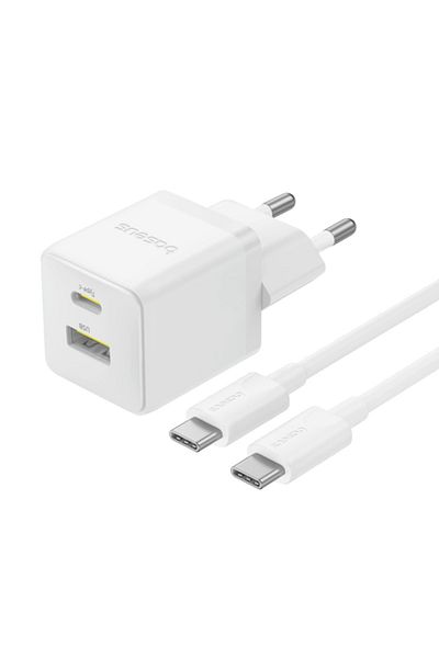 Baseus Charger Socket with 2 ports, Type-C Cable, Fast Charge, 2in1, USB, USB-C, 30W, 20V/3A, Palm, White