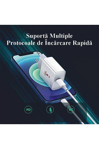 OEM Încărcător FastCharge USB-C, 20W, cablu Lightning de 1m, compatibil cu iPhone 11, 12, 13, 14 Pro/ProMax