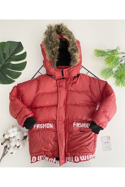 Jaju Baby Boy's Red Color Text Detailed Fleece Hooded Inflatable Jacket