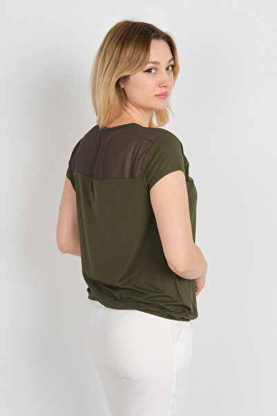 Sistas Women's Back and Shoulder Tulle Detailed Elastic Waist Crew Neck Blouse 23064 Khaki