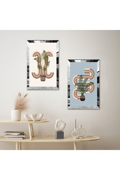 Zevahir Mobilya Dekorasyon SET DE PENTRU TABLĂ MDF DUALĂ PLĂCI DE PLANTE ABSTRACTE DECORATIVE CU CADRU DE PLEXY CU OZAR SILVER ALB ALBĂ