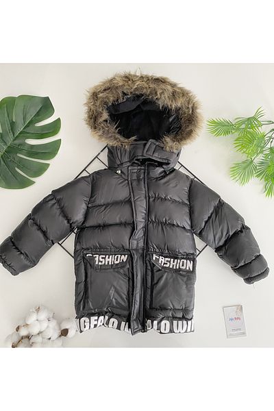 Jaju Baby Boy's Black Color Text Detailed Fleece Hooded Inflatable Jacket